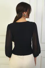 Long Chiffon Blouse with Rose Detail on Collar