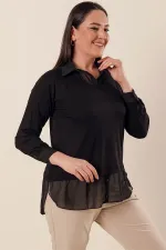 Şifon Detaylı Gömlek Yaka Rahat Kesim Büyük Beden Bluz