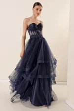 Beaded Top Transparent Layered Tulle Taffeta Long Evening Dress
