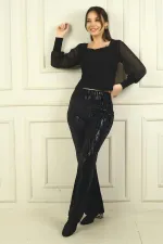 Kadın Beli Lastikli Zigzag desenli Likralı Pantolon