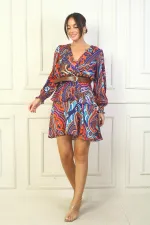 Kadın Kruvaze Yaka Beli Kemerli Astarlı Kat Kat Şal Desenli Saten Elbise