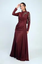 Taş İşlemeli Önü Büzgülü Astarlı Krep Saten Tesettür Elbise