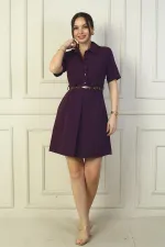 Button-front, short-sleeved, belted A-line pleated dress