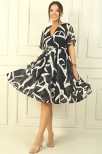 Robe courte en mousseline à motif abstrait, col cache-cœur, manches à volants, doublée et ceinturée à la taille