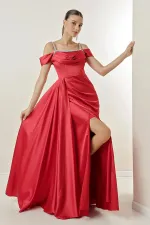Stone Detailed Thin Strap Low Sleeve Lined Long Satin Dress