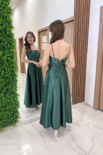 Women's Thin Strap Lined Pocketed Midi Satin Dress