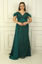 Chain Strap Front and Back V-Neck Dropped Sleeves Glitter Flock Print Lined Long Mermaid Dress