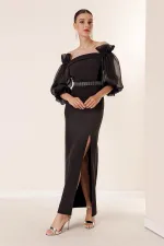 Square Neck, Organza Sleeves, Front Slit, Belted Waist Long Dress