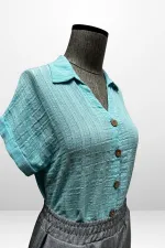 Kadın Polo Yaka Kendinden Desenli Keten Gömlek