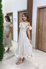 Kadın İnce Askılı Astarlı Volan Detaylı Pileli Şifon Midi Elbise