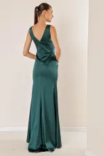 Kadın Önü Drapeli Volanlı Astarlı Uzun Saten Elbise