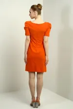 Women's Boat Neck Dress with Buttoned Sleeves, Pleated, and Zipper Back