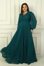 Women's Front and Back V-Neck Sequined Lined Plus Size Long Chiffon Evening Dress