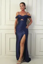 Kadın İp Askılı Düşük Kol Önü Drapeli Pencereli Astarlı Uzun Saten Elbise