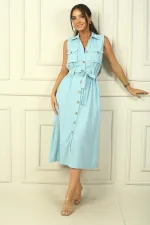 Robe Safari effet lin avec bouton sur le devant, taille ceinturée et poche