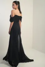 Women's Low-Sleeve Underwired Lined Cape Chiffon Long Dress