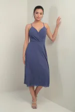 Kadın İp Askılı Kruvaze Yaka Astarlı Arkası Bağcıklı Kloş Şifon Elbise