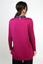 Chemisier tunique en maille à col chemise orné de pierres pour femme