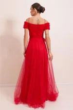 Straped Madonna Collar Front Slit Lined Tulle Long Dress