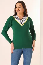 Şeritli V Yaka Büyük Beden Triko Kazak