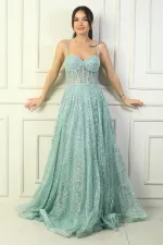 Kadın İp Askılı Boncuk Detaylı Pul İşlemeli Astarlı Uzun Abiye Elbise