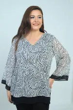 Kadın V Yaka Desenli Büyük Beden Şifon Bluz