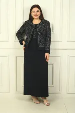 Women's Beaded and Sequin Embellished Tulle Jacket, Half-Moon Sleeve Long Dress, Lined, Plus Size Two-Piece Set