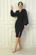 Kadın Boncuklu Kruvaze Yaka Astarlı Beli Kemerli Şifon Kollu Midi Elbise