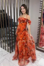 Kadın İnce Askılı Düşük Kollu Balenli Önü Drapeli astarlı Çiçekli Organze Uzun Elbise