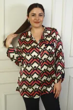Women's Single Pocket Geometric Pattern Plus Size Satin Shirt