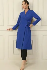 Long Crepe Jacket with Turn-Down Collar and Tie Waist