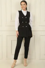 6-Button Vest with Faux Pockets and Belt, Elastic Waist Slim-Fit Trousers - 2-Piece Set