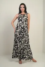 Women's Long Dress with Collar Accessory, Side Lace-up, Pockets, and Mixed Pattern.