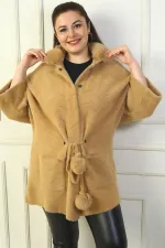 Cardigan en acrylique grande taille pour femme, col en fourrure amovible, boutons-pression sur le devant, poche kangourou, taille nouée