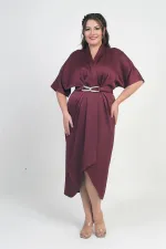 Women's Wrap Neck Short Batwing Sleeve Double Pleated Crepe Satin Plus Size Midi Designer Dress
