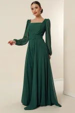 Kare Yaka Beli Kemerli Astarlı Şifon Uzun Abiye