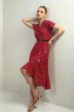 Kadın Kruvaze Yaka Astarlı Çıtır Desen Önü Volanlı Şifon Elbise