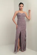 Women's Strappy Flocked Stone Print Lined Tulle Long Dress