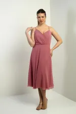 Women's Strappy Wrap Neckline Lined Lace-Up Back Flared Chiffon Dress