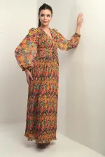 Kadın V Yaka Astarlı Çiçek Desenli Komple Pileli Şifon Uzun Elbise