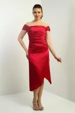 Kadın Madonna Yaka Drapeli Asimetrik Saten Kısa Elbise