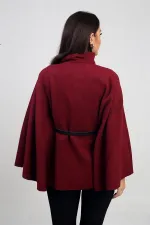 Kadın Düğmeli Beli Kemerli Kaşe Panço