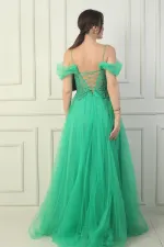 Robe de soirée princesse pour femme, décolleté en V devant et dos, manches tombantes doublées et broderie appliquée sur le haut
