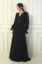 Robe de soirée longue en mousseline doublée, col en V et ceinture à boucle pour femme