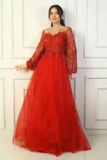 Kadın Pul Detaylı Arkası Bağcıklı Astarlı Simli Uzun Abiye Elbise