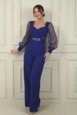 Women's Sweetheart Neckline Long Tulle Sleeved Belted Palazzo Crepe Jumpsuit