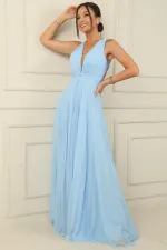 Sırt Dekolteli Önü Düğüm Detaylı Astarlı Pileli Uzun Şifon Abiye Elbise