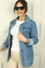 Women's Button-Front Denim Jacket with Side Pockets