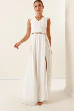 Chiffon Slit Long Dress with Flounce Collar and Belt