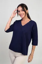 Kadın V Yaka Baklava Desenli Yarım Kol Simli Bluz